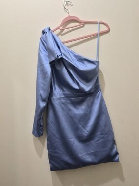 One-Shoulder Satin Mini Dress in Periwinkle Blue